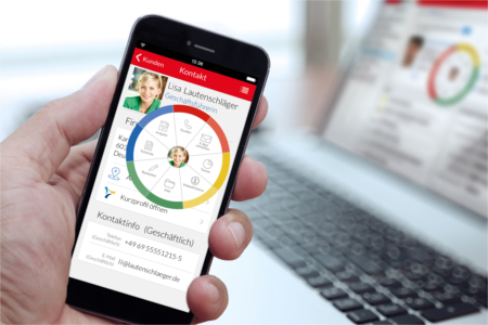 CAS genesisWorld Radialmenü am Smartphone und Computer für CRM