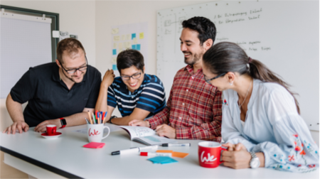 Glückliche Mitarbeiter erarbeiten im Team ein neues Projekt